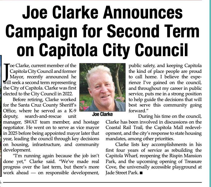 Capitola Soquel Times article: Joe Clarke Announces Campaign for Second Term on Capitola City Council
