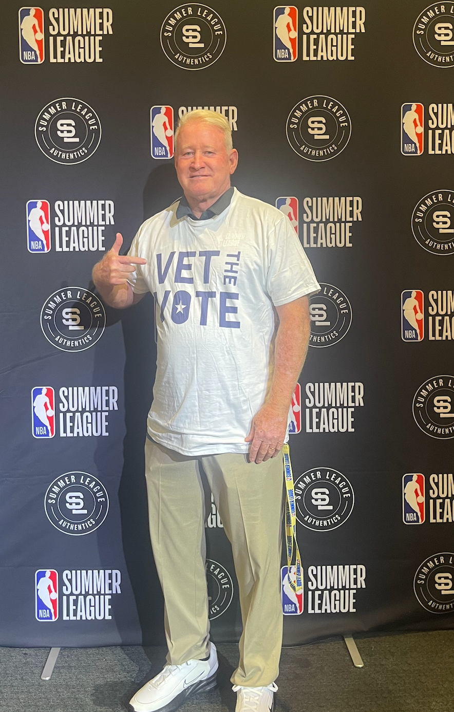 Joe Clarke at the NBA Summer League in Las Vegas, wearing a Vet the Vote shirt